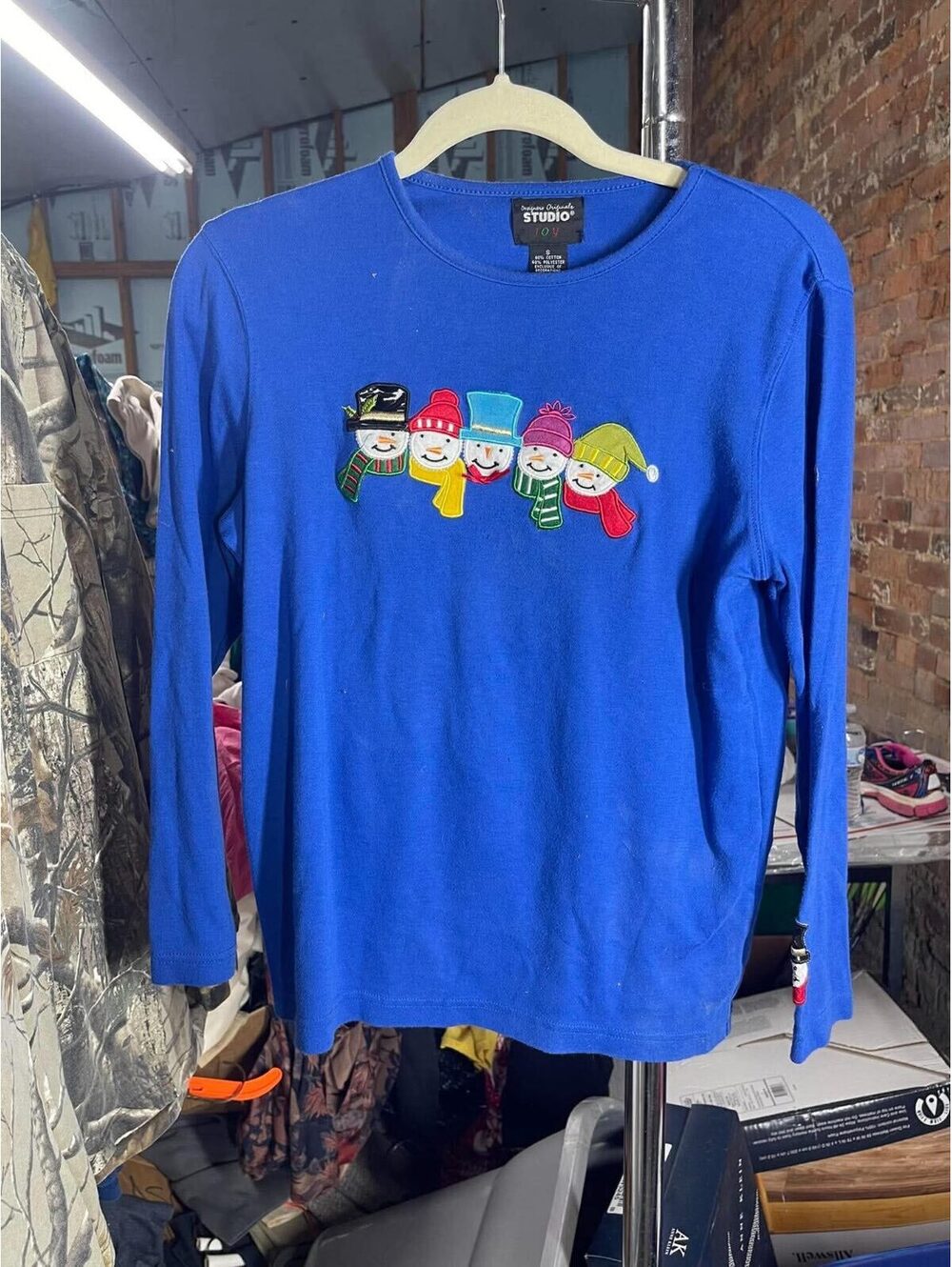 Studio Joy Blue Long Sleeve Snowman Holiday T-Shirt Small